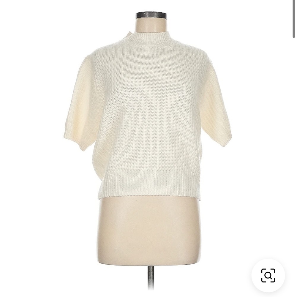 White + Warren Cashmere Sweater Ivory Cream Waffle Short Sleeve - M